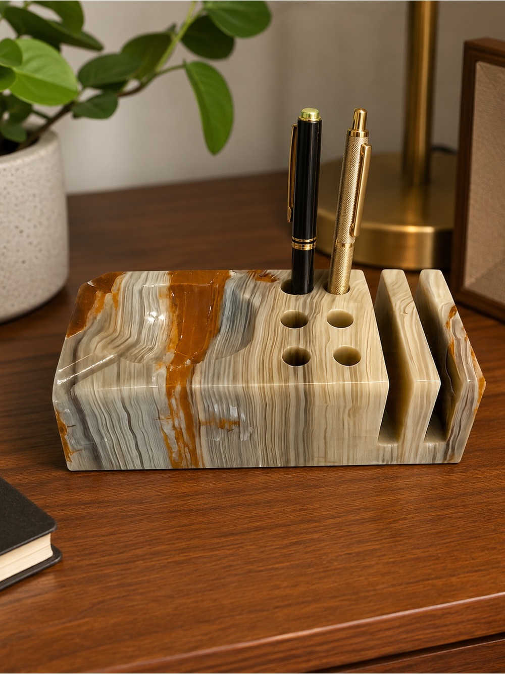 Vintage MCM Stone Desk Organizer Pen & Letter Holder in Cream and Amber